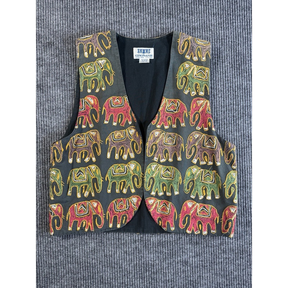 SOHO COMPAGNIE Black Multicolor Elephant Embroidered Vest Size M - Picture 1 of 8